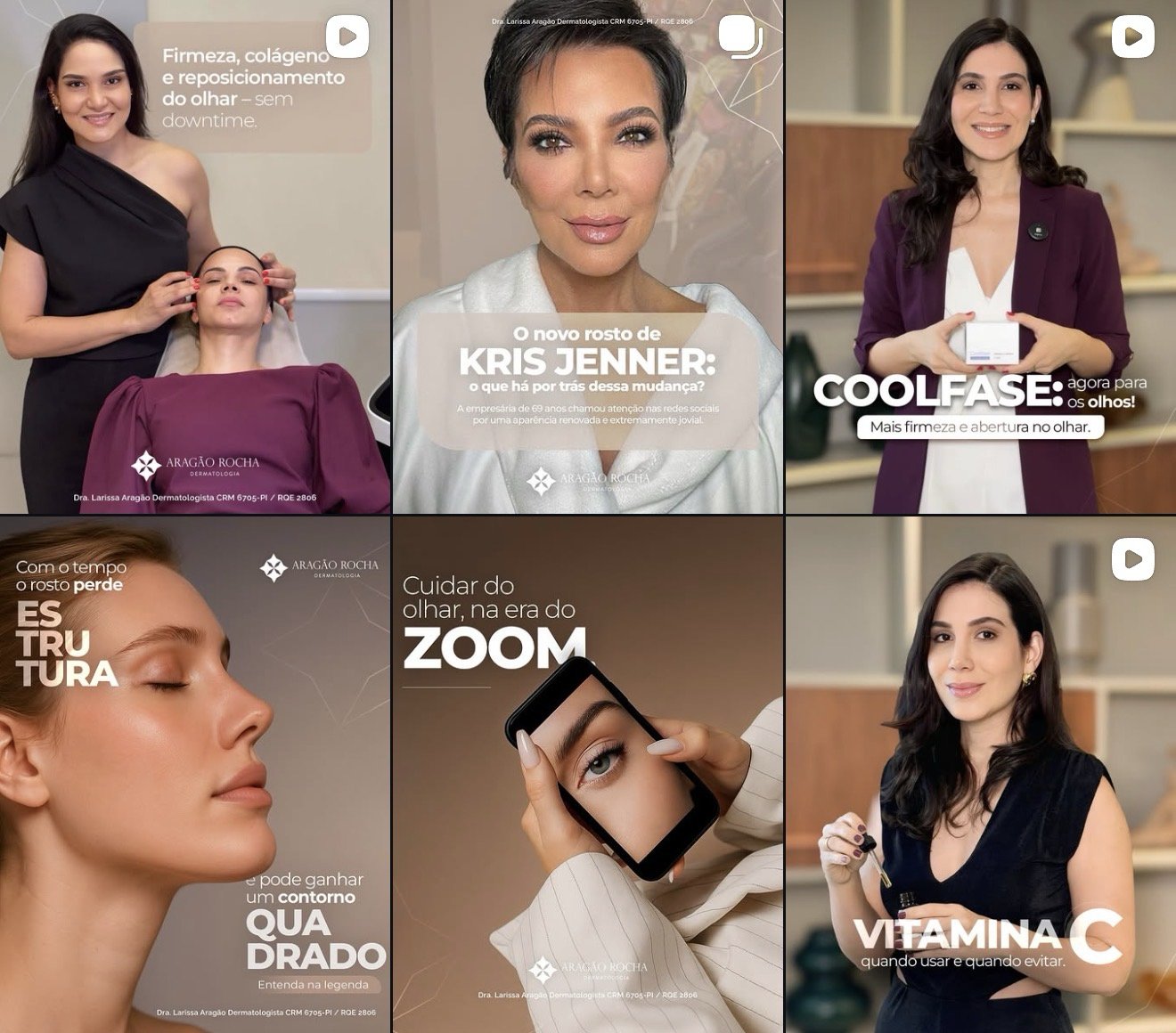 Feed do Instagram da Aragão Rocha Dermatologia — gestão de redes sociais por Taís Calisto